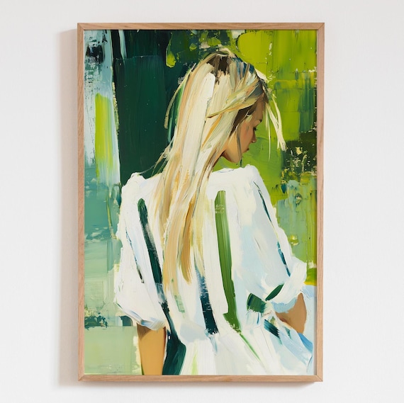 Lime Green Abstract Blonde Woman Art Poster Colorful Stripe Dress Wall Vibrant Dopamine Elegant Decor