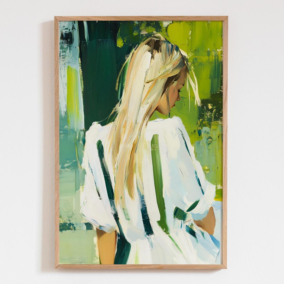 Blonde Woman Green Abstract Painting Modern Dopamine Decor Print