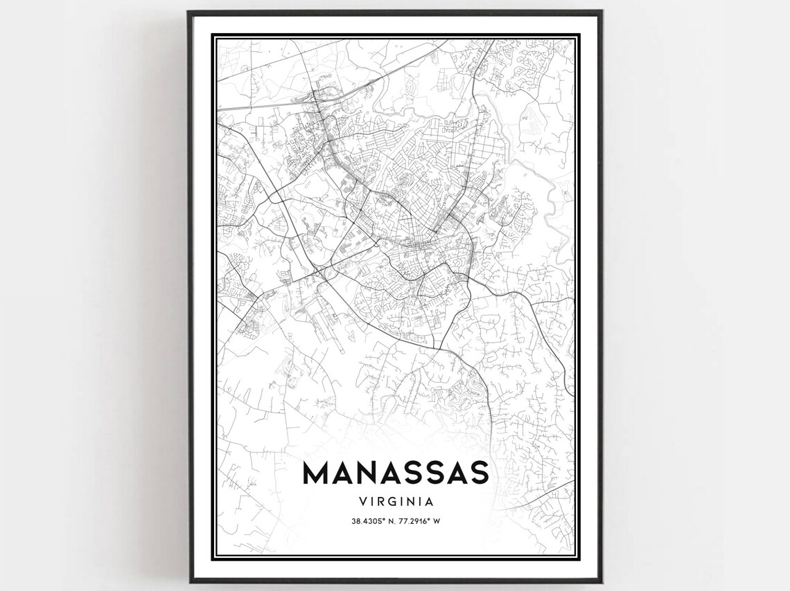 Manassas Virginia Black And White City Street Map With Coordinates Poster