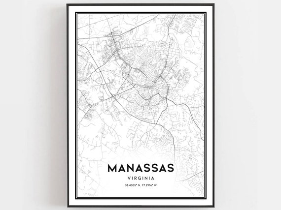 Manassas Map Print Poster Wall Art Va City Virginia Street Decor Road Gift B1566