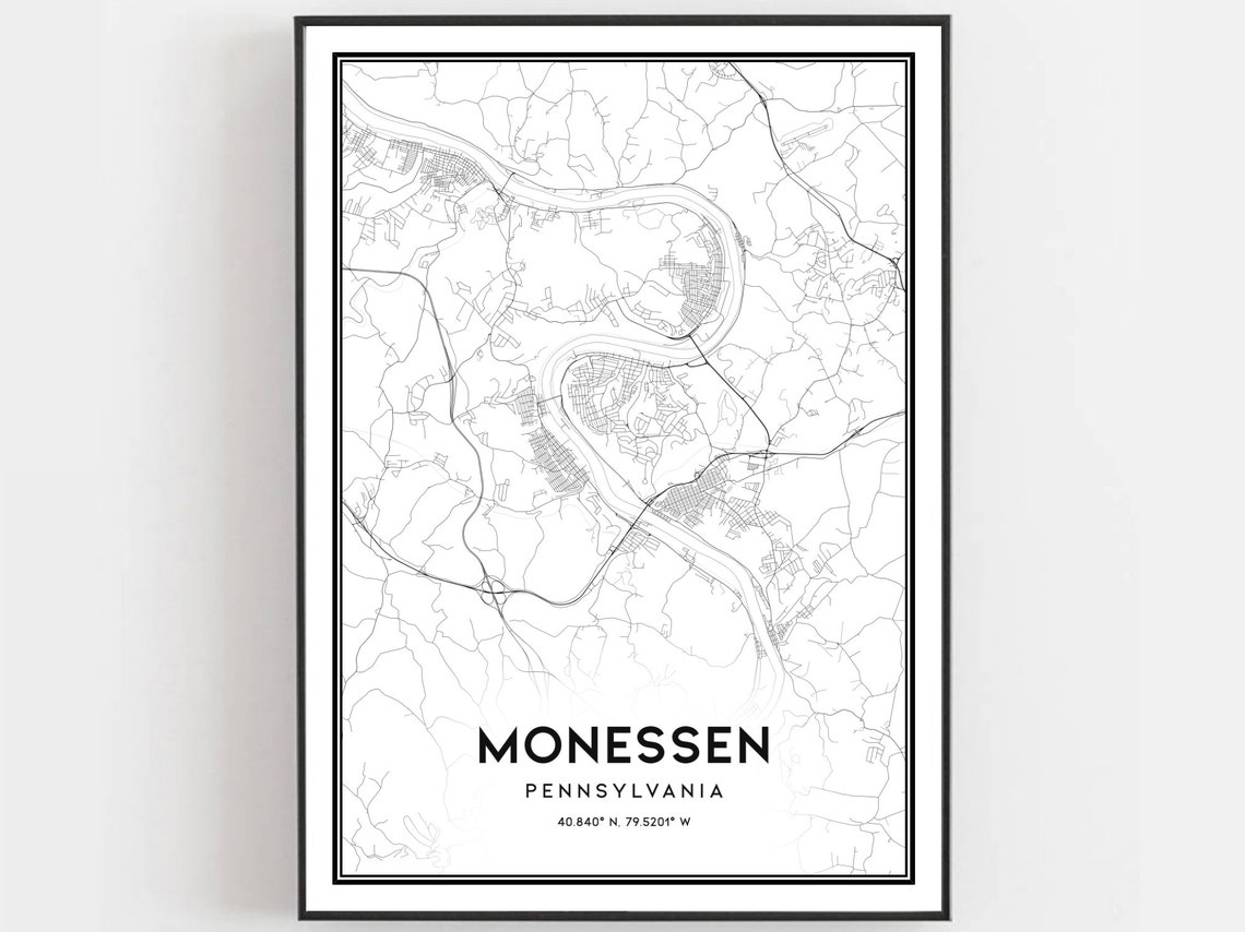Monessen Pennsylvania City Street Map Minimalist Decor Wall Art