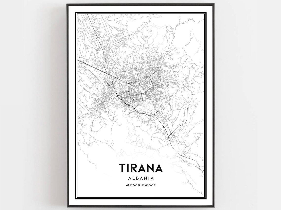 Tirana Albania City Street Map Black and White Travel Poster