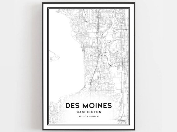 Des Moines Map Print Poster Wall Art Wa City Washington Street Decor Road Gift B1864