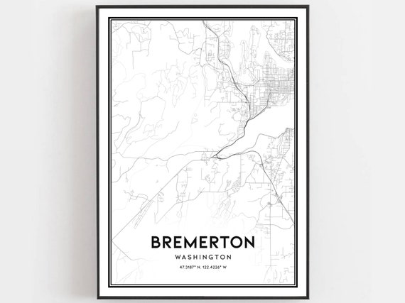 Bremerton Map Print Poster Wall Art Wa City Washington Street Decor Road Gift