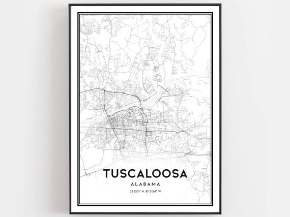 Tuscaloosa Map Print Poster Wall Art Al City Alabama Street Decor Road Gift B692