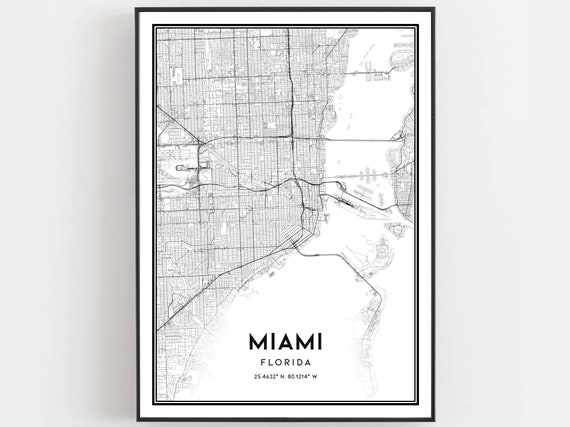 Miami Map Print Poster Wall Art Fl City Florida Street Decor Road Gift B39