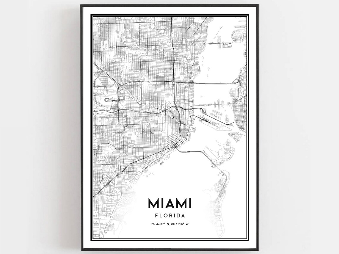 Miami Florida Street Map Minimalist Black and White City Poster