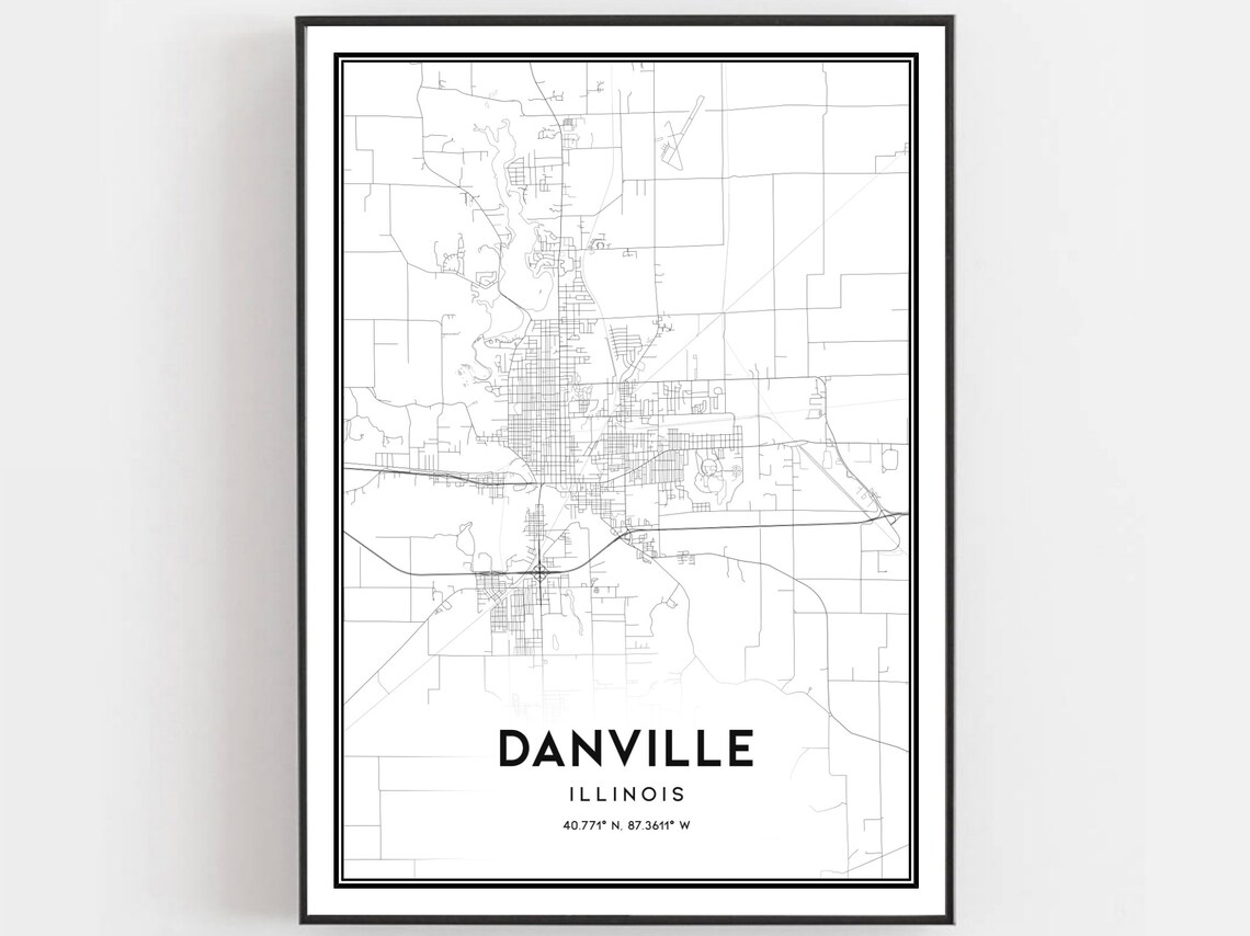 Danville Illinois Street Map Black White Minimalist City Poster