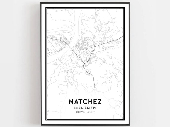 Natchez Map Print Poster Wall Art Ms City Mississippi Street Decor Road Gift B2038