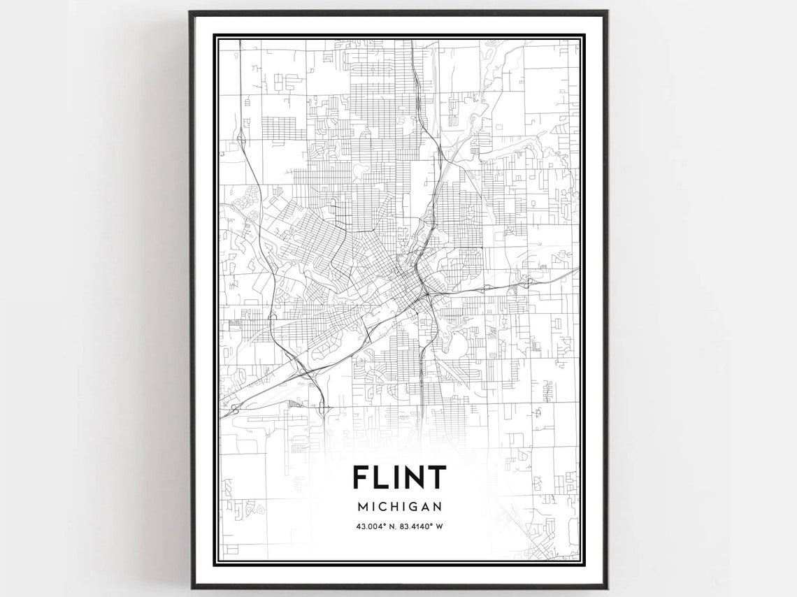 Flint Michigan Street Map with Coordinates Decorative Wall Poster