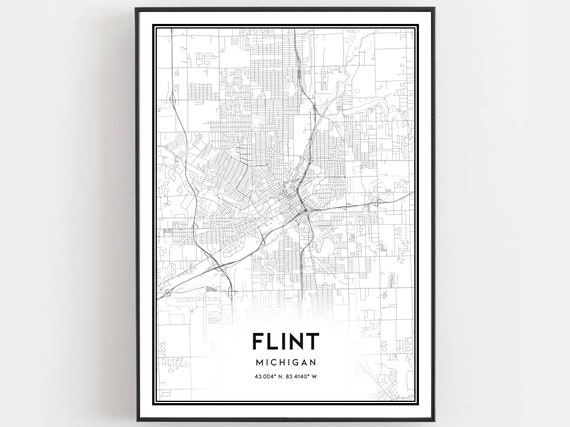 Flint Map Print Poster Wall Art Mi City Michigan Street Decor Road Gift B481