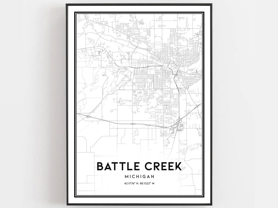 Battle Creek Michigan City Street Map Minimalist Black White Poster