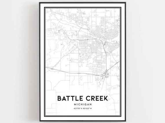 Battle Creek Map Print Poster Wall Art Mi City Michigan Street Decor Road Gift B1034