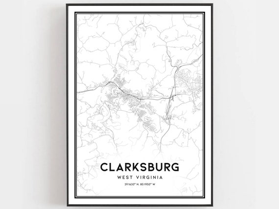 Clarksburg Map Print Poster Wall Art Va City West Virginia Street Decor Road Gift B1540