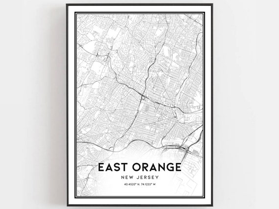 East Orange Map Print Poster Wall Art Nj City New Jersey Street Decor Road Gift B1178