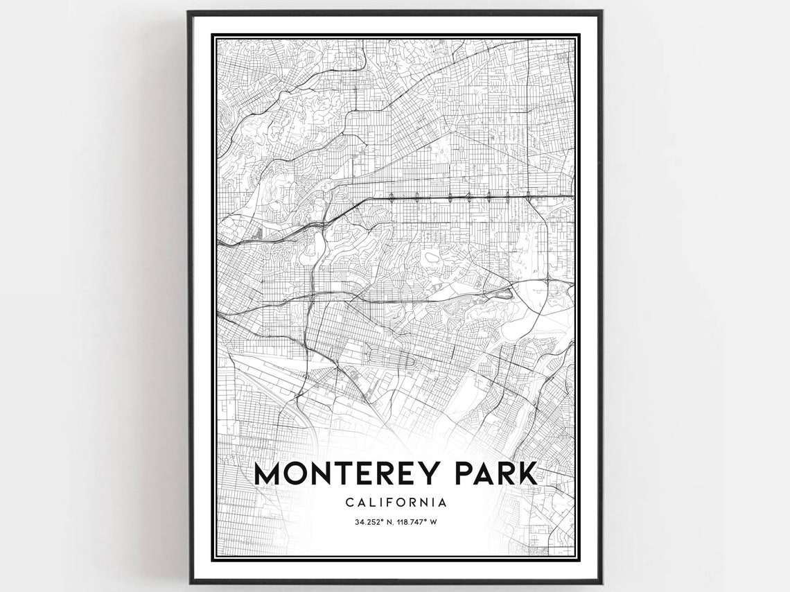 Monterey Park California Minimalist Black White City Street Map Poster