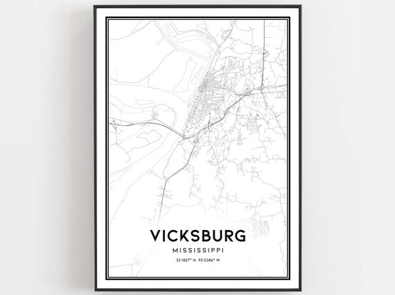 Vicksburg Map Print Poster Wall Art Ms City Mississippi Street Decor Road Gift B1994