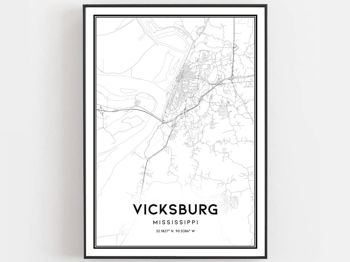 Vicksburg Mississippi Minimalist City Map Poster Black White Street Decor