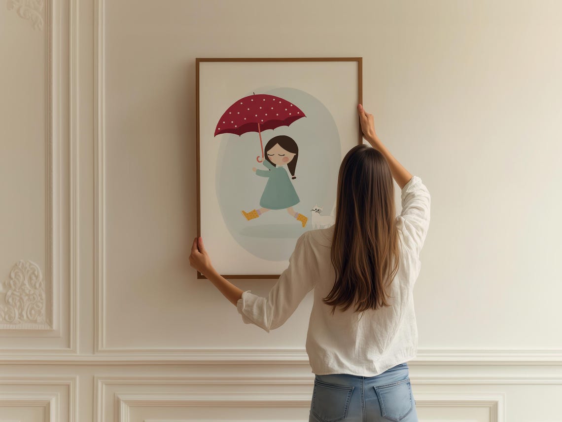 Girl with Red Umbrella and White Cat Rainy Day Puddle Jumping Poster - Image 2