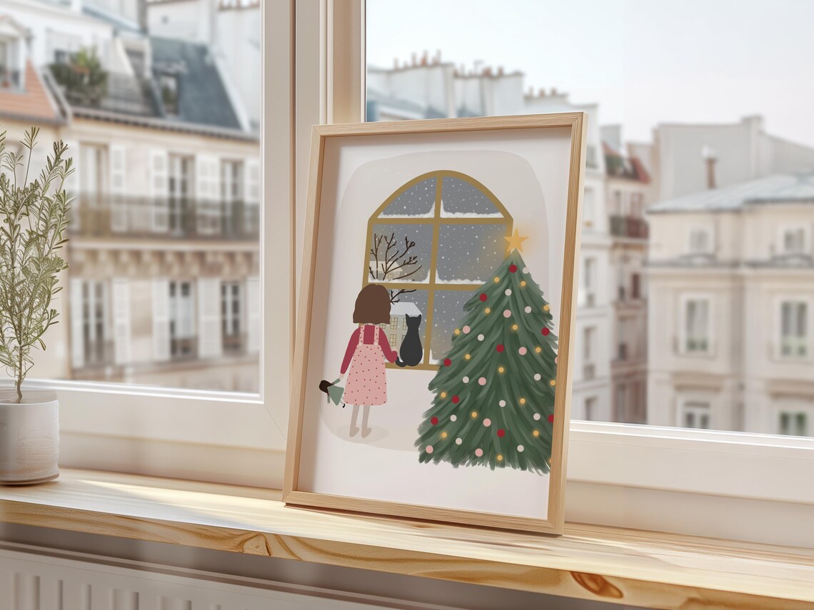First Snow Girl Watching Snowfall Christmas Tree Cozy Winter Print - Image 2