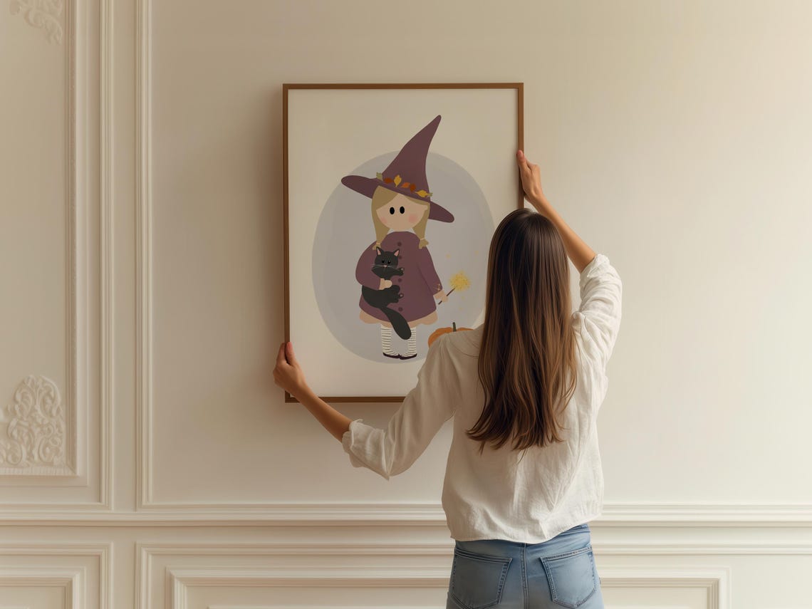 Little Witch And Black Cat Cute Halloween Nursery Decor Wall Art - Image 2