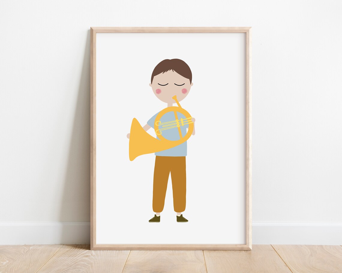 Boy Playing Golden French Horn Blue Shirt Kids Music Instrument Poster