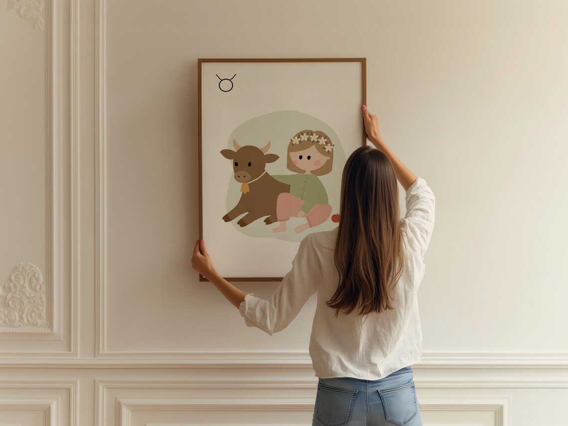 Taurus Zodiac Girl With Bull Flower Crown Cute Nursery Star Sign Print - Image 2