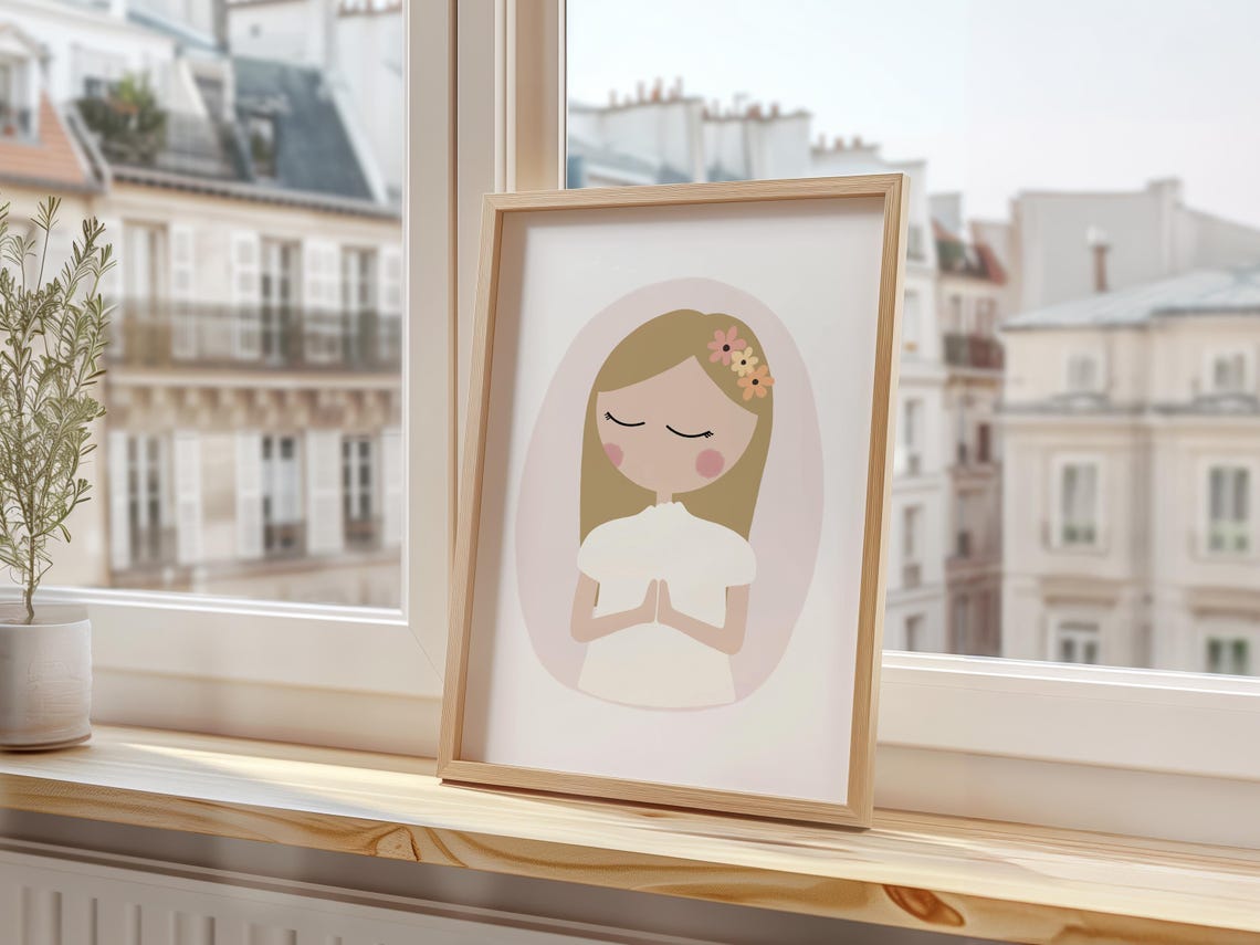 Girl Praying Art Print Christian Girl Prints Praying Art Decor First Communion Gifts Girl Christian Wall Art Catholic Nursery Art - Image 3