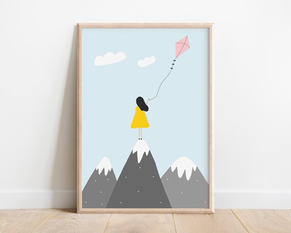 Girl With A Kite Art Print Mountains Nursery Prints Mountains Kids Print Adventure Nursery Girl