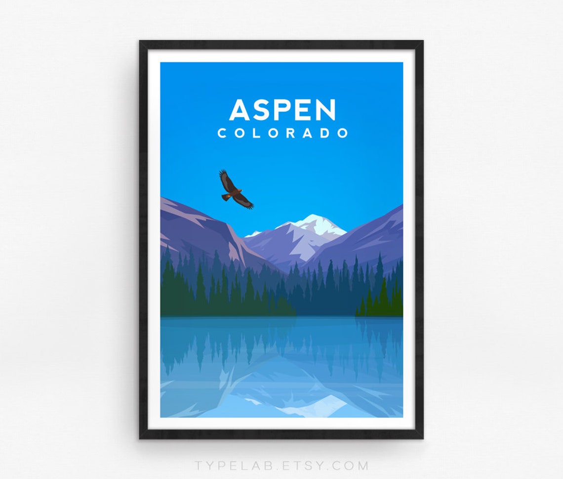 Aspen Colorado Mountain Lake Eagle Illustrated Travel Poster - Image 2