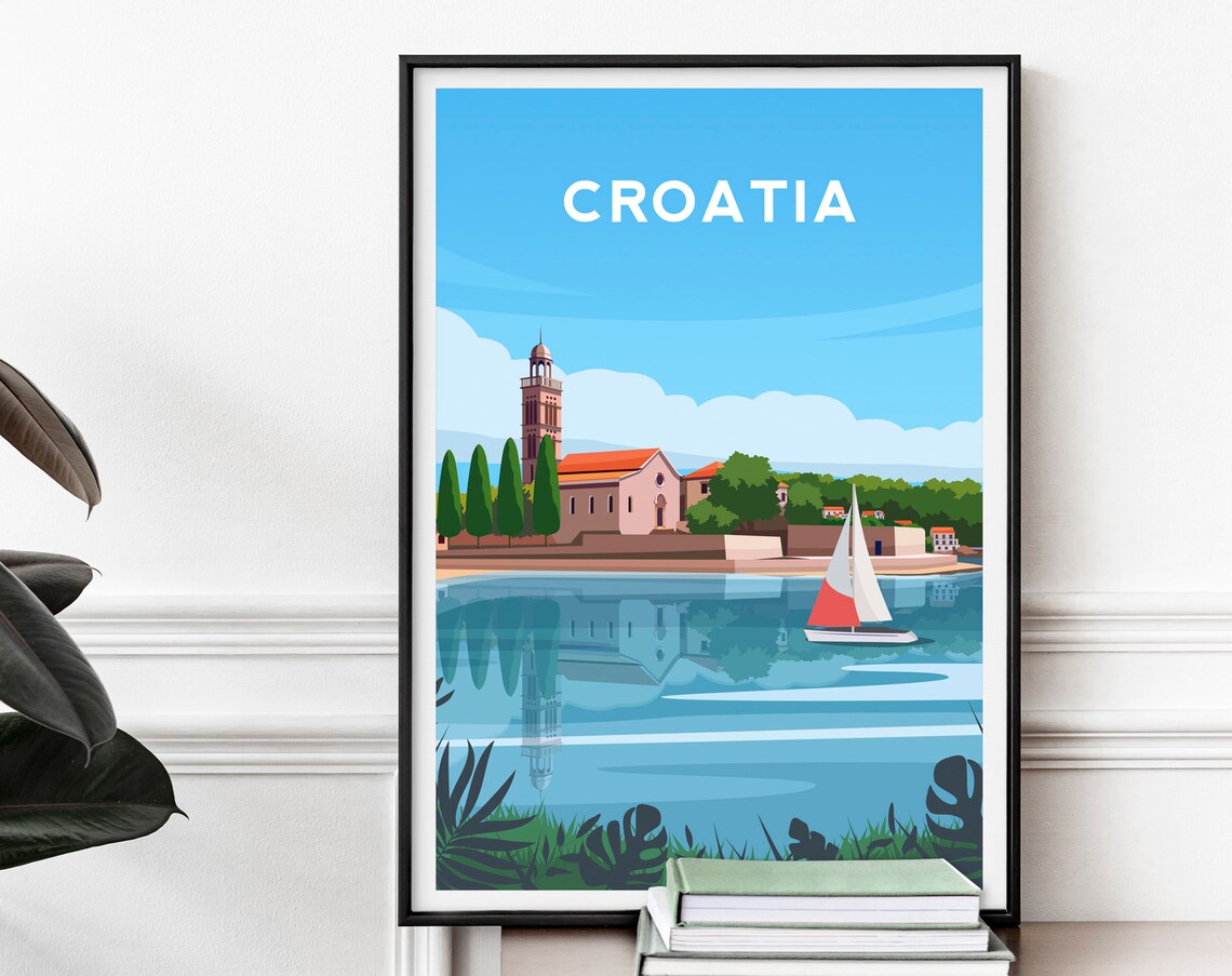 Croatia Coastal Town Church and Sailboat Adriatic Travel Poster
