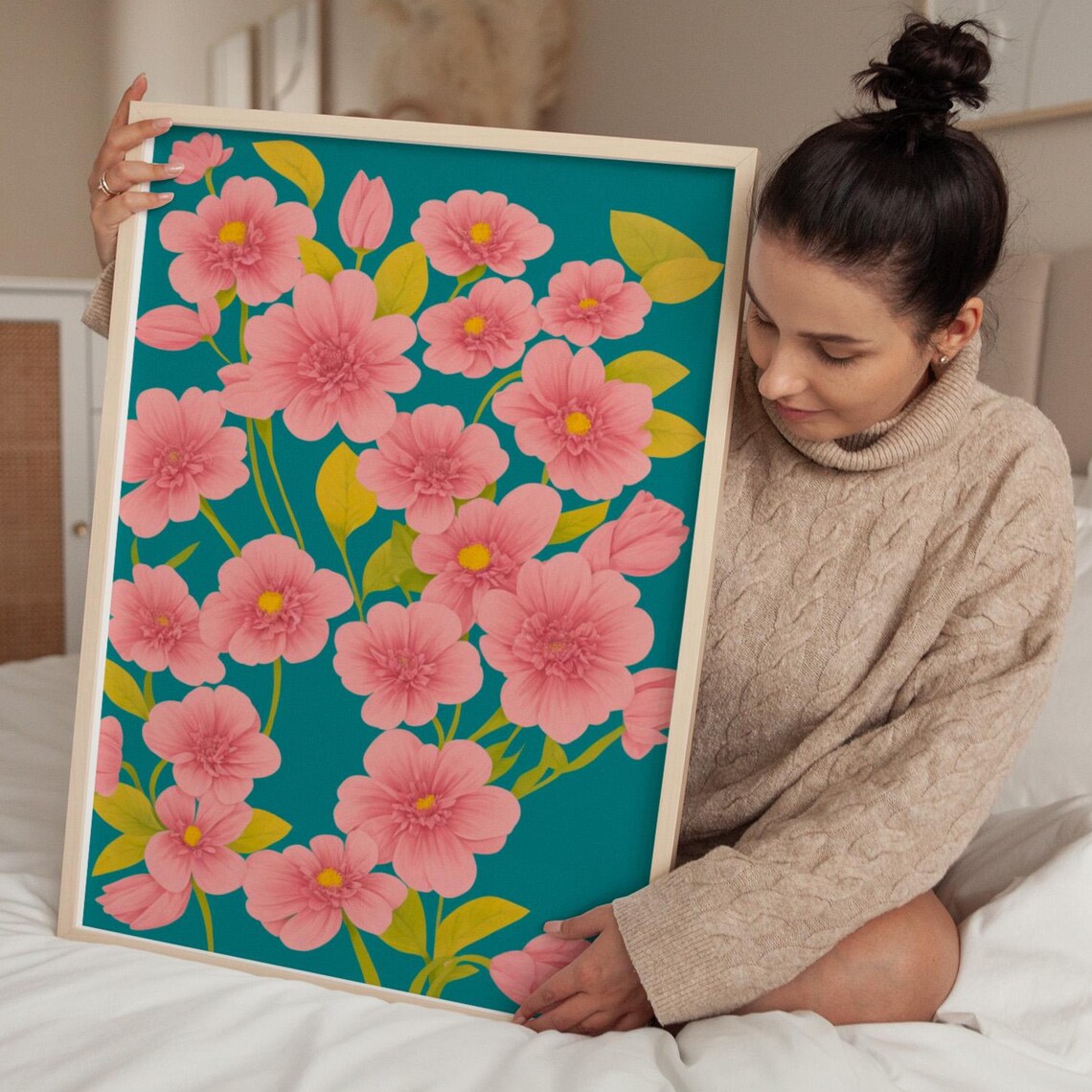 Bright Pink Cosmos Blossoms on Teal Modern Botanical Floral Poster
