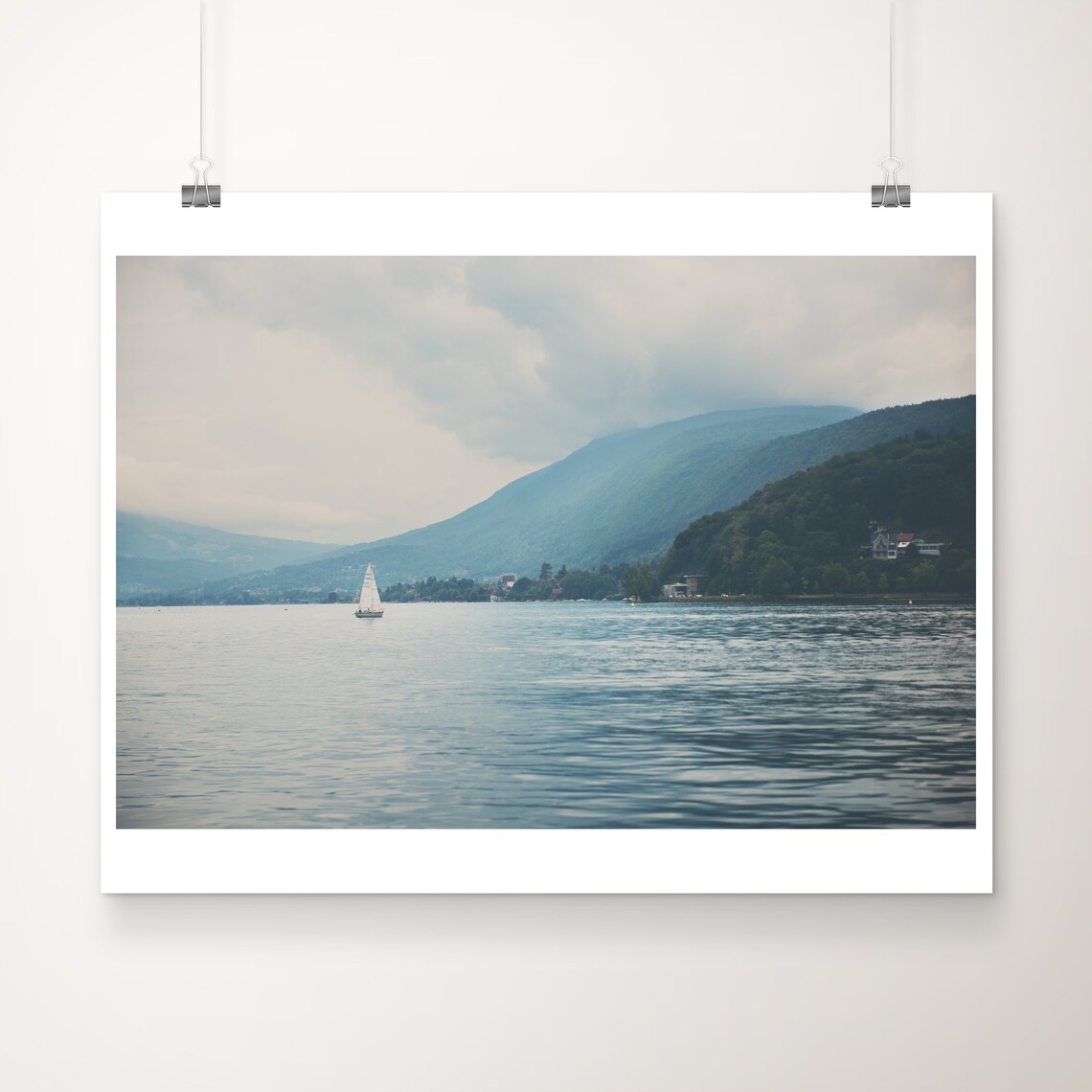 Lake Annecy Sailboat Misty French Alps Lakeside Photograph Art Poster