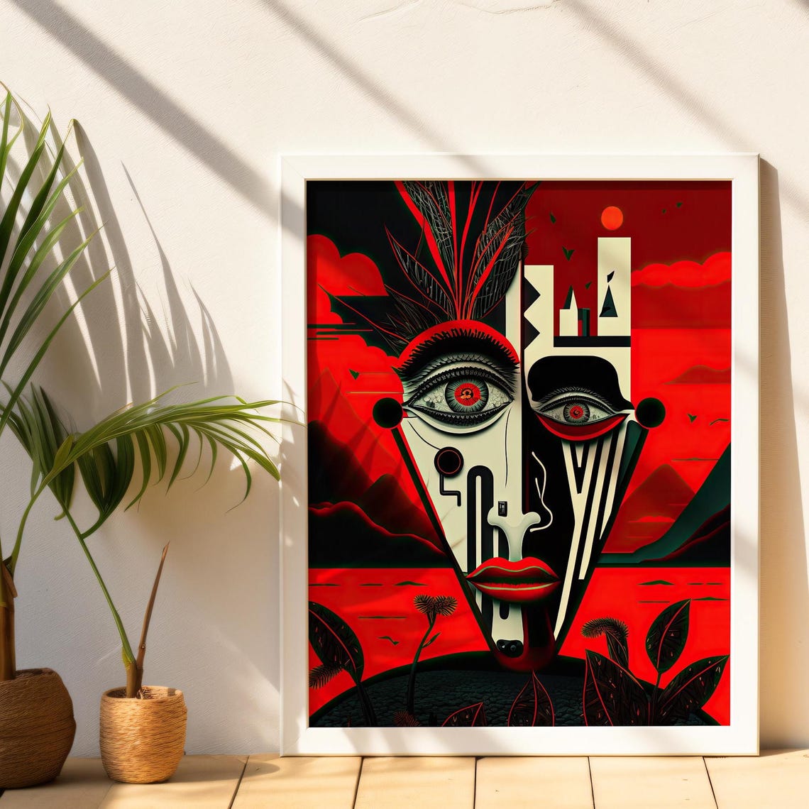 Surrealist Geometric Red Black Face Futuristic Cubist Mask Art Poster - Image 2