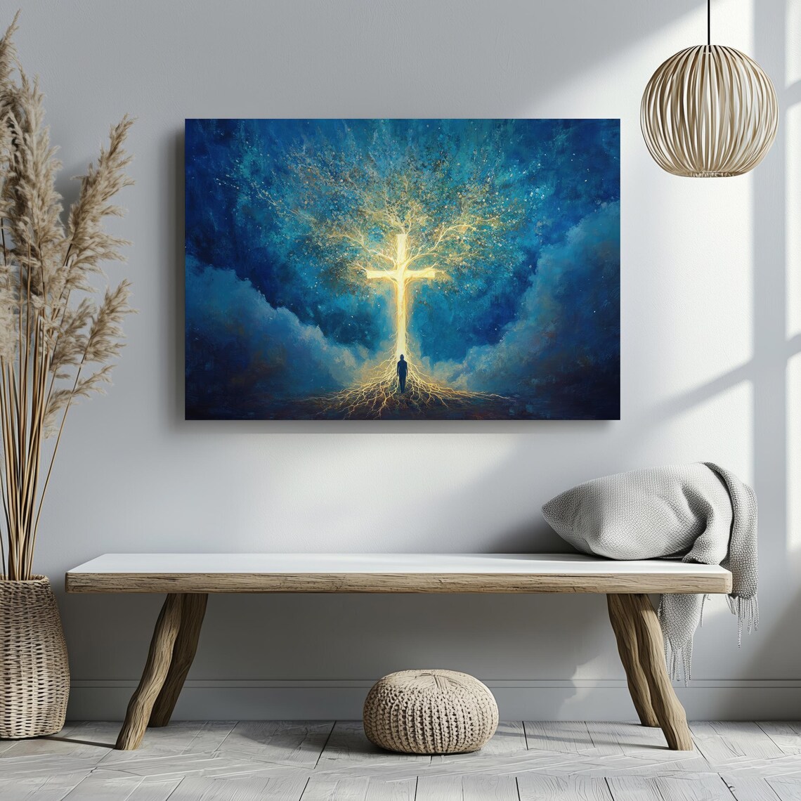 Spiritual Golden Cross Tree Of Life Glowing Roots Faith Night Sky Poster - Image 7