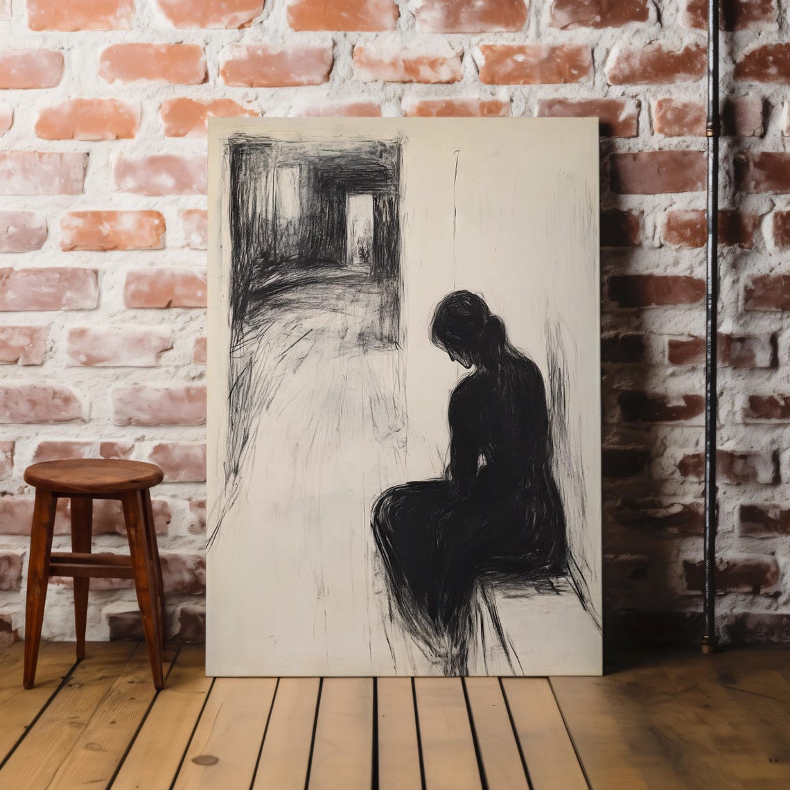 Lonely Seated Figure Charcoal Sketch Emotional Minimalist Art Poster - Image 7