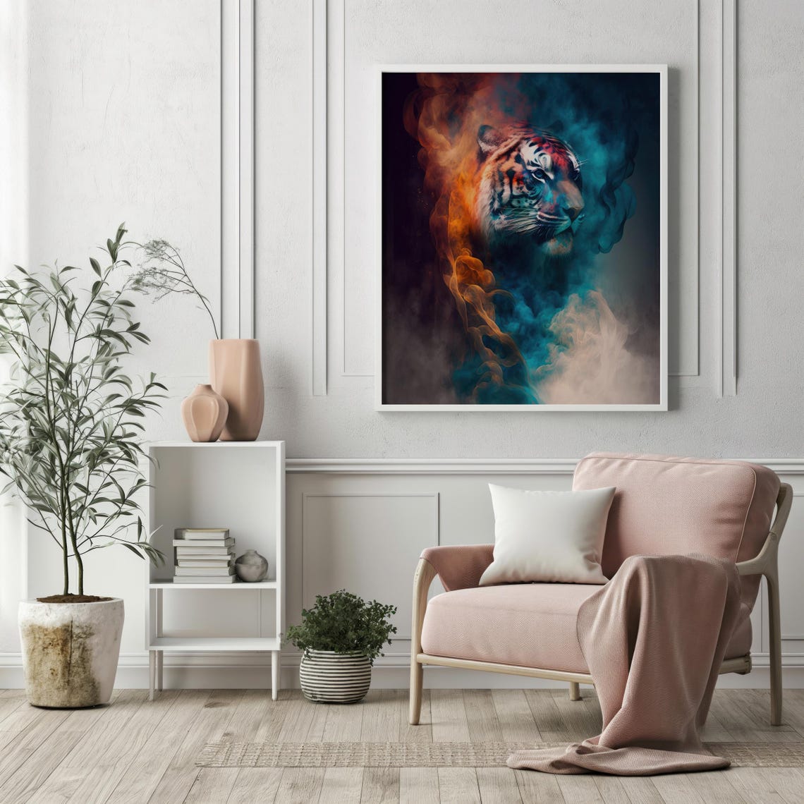 Tiger Head In Colorful Smoke Teal Orange Surreal Animal Art Poster - Image 8