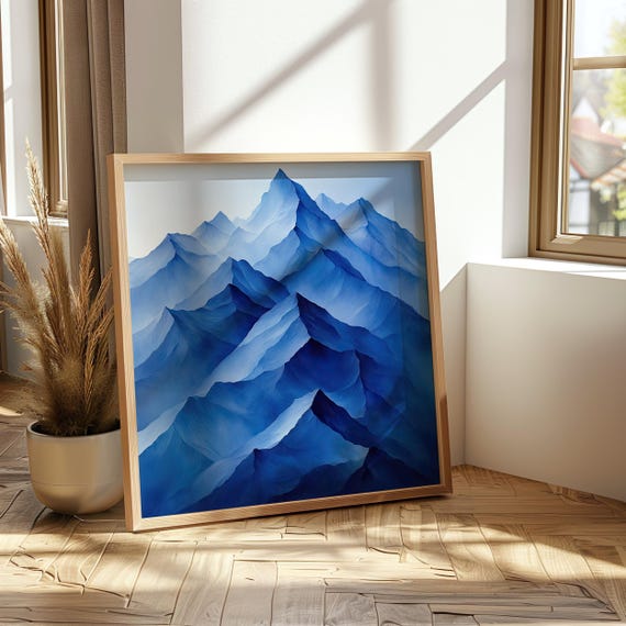 Abstract Mountain Peaks Art Print Geometric Landscape In Modern Blue Tones Contemporary Wall Decor Wall Art Ai Art