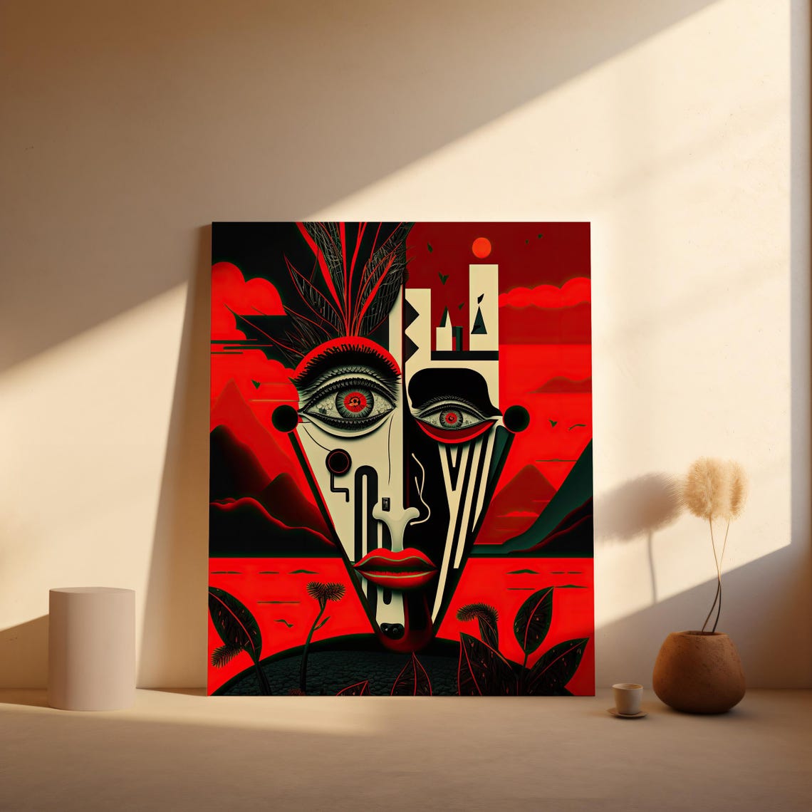 Surrealist Geometric Red Black Face Futuristic Cubist Mask Art Poster - Image 6