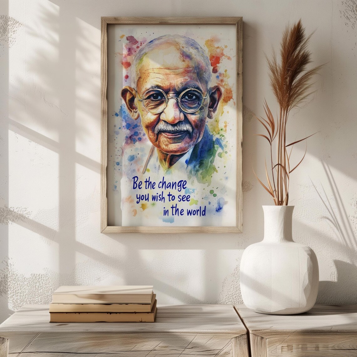 Mahatma Gandhi Watercolor Portrait Be The Change Inspirational Quote Print - Image 3