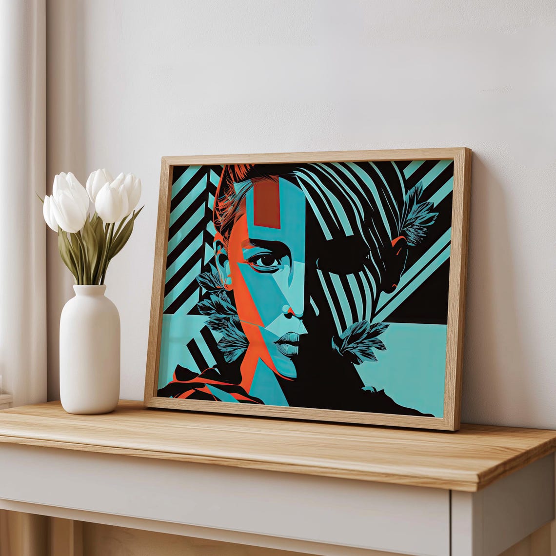 Bold Abstract Portrait Art Modern Geometric Face Striking Blue And Orange Contrast Contemporary Pop Art Wall Decor - Image 7