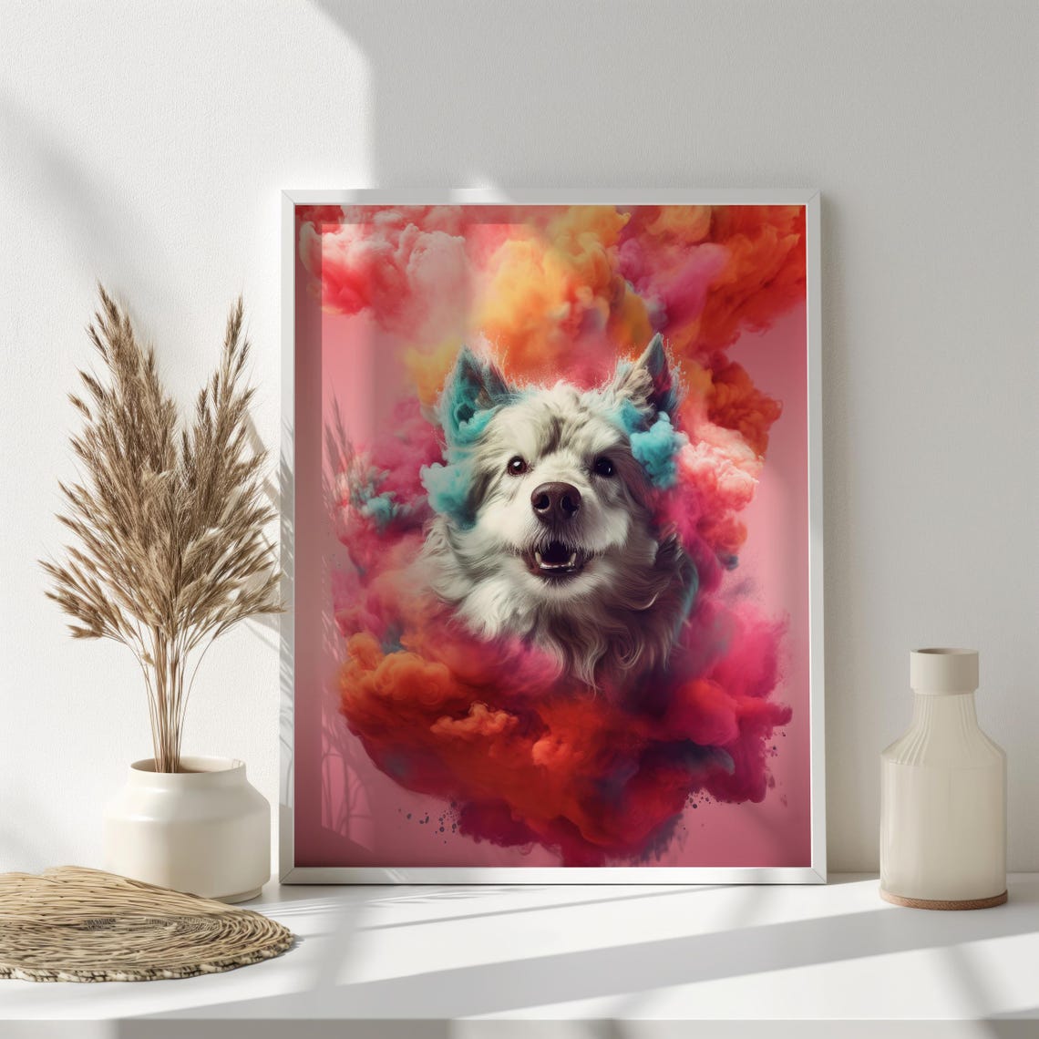 Happy Dog Pink Smoke Clouds Cute Fluffy Pet Nursery Wall Poster