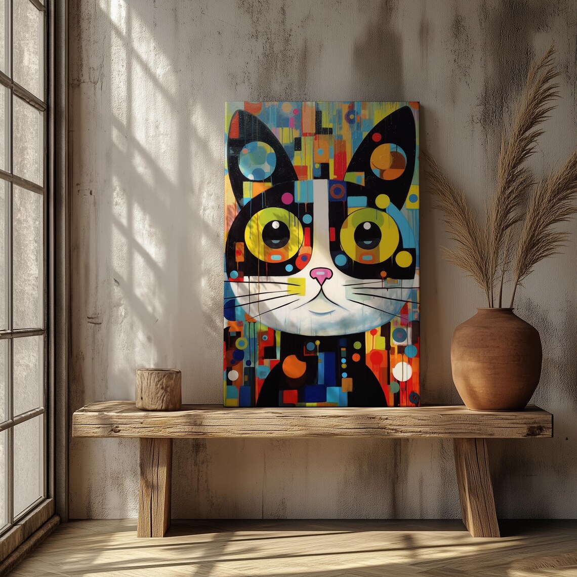 Pop Art Cat Face Print Colorful Geometric Dots Yellow Eyes Wall Poster - Image 2