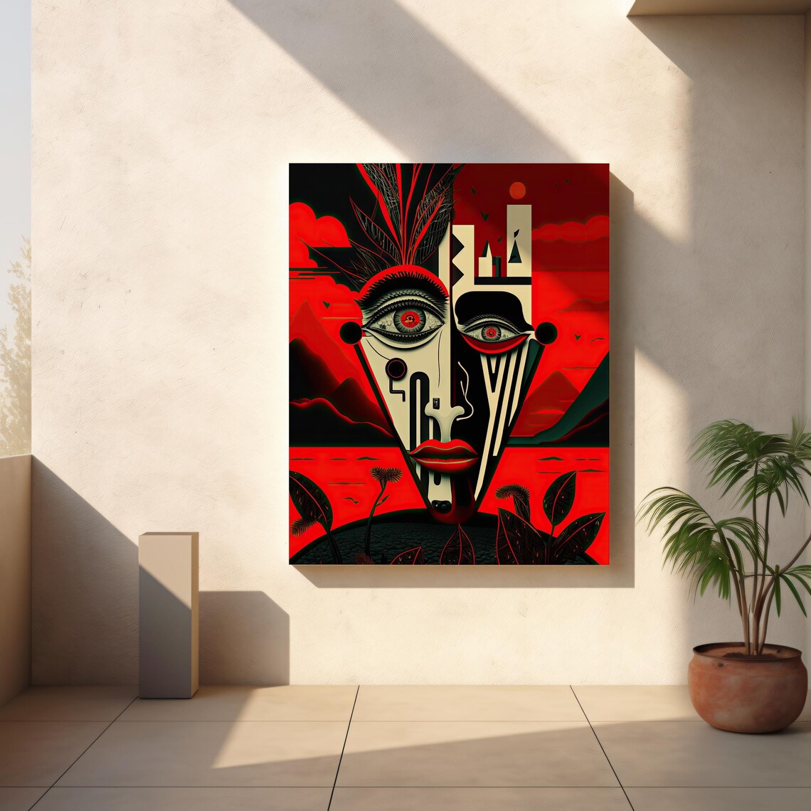 Surrealist Geometric Red Black Face Futuristic Cubist Mask Art Poster - Image 3
