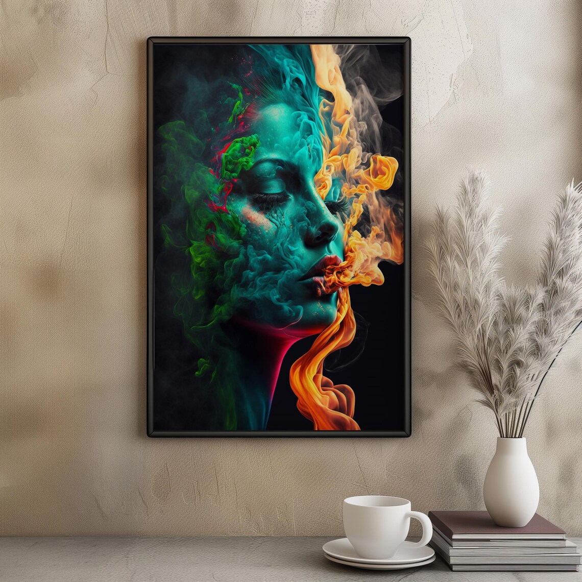 Ethereal Woman Smoke Portrait Teal Orange Mist Psychedelic Art Poster - Image 4