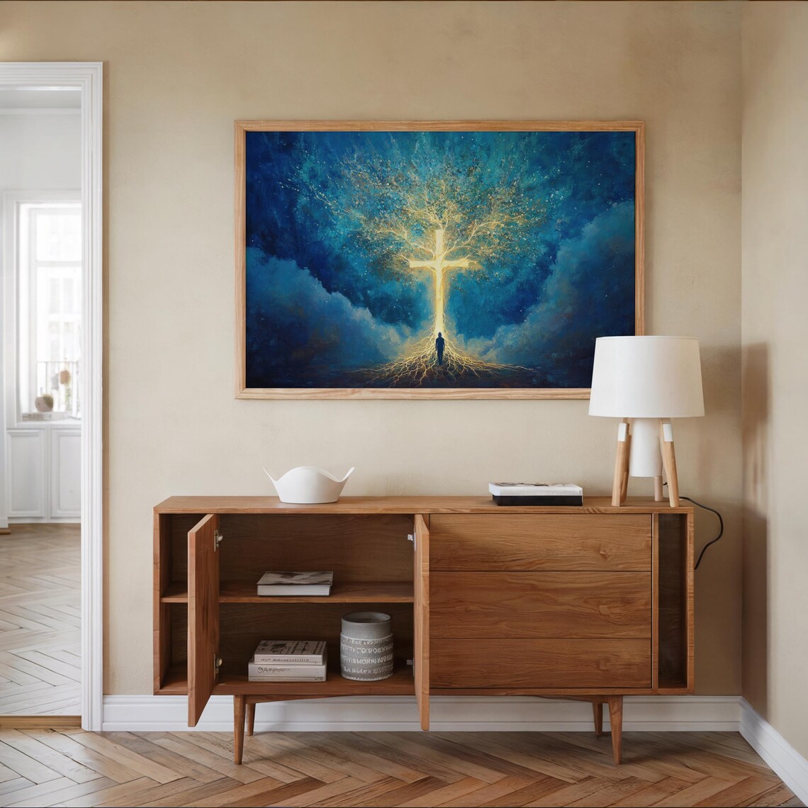 Spiritual Golden Cross Tree Of Life Glowing Roots Faith Night Sky Poster - Image 4