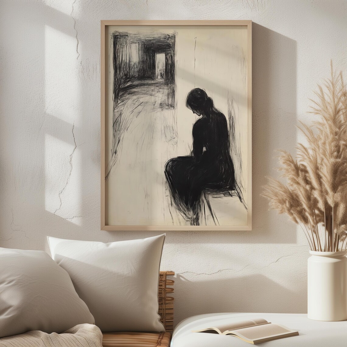 Lonely Seated Figure Charcoal Sketch Emotional Minimalist Art Poster - Image 6