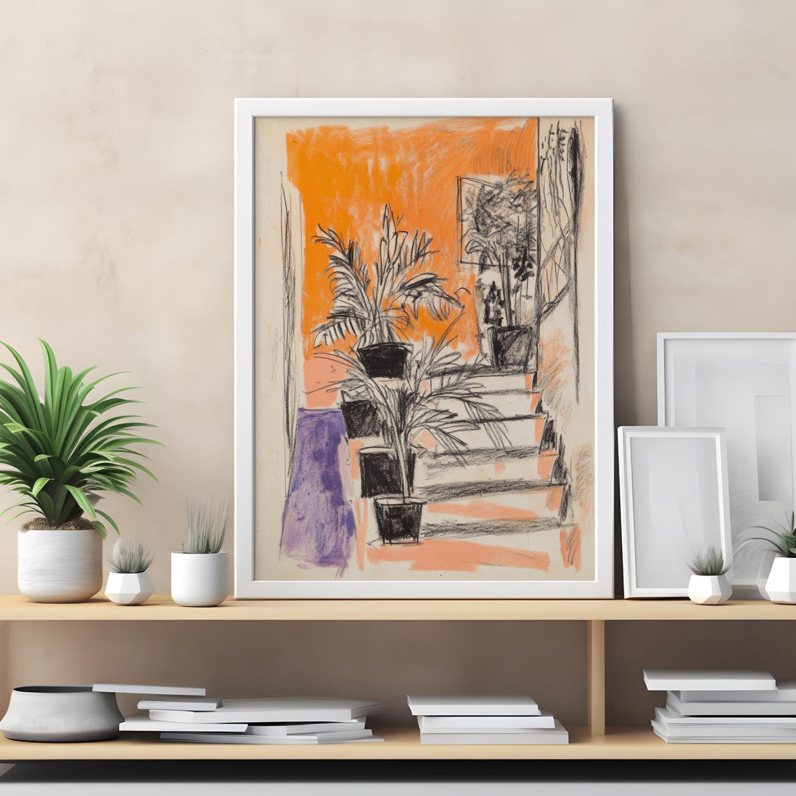 Potted Plants Charcoal Sketch Bold Orange Wall Interior Art Poster - Image 5