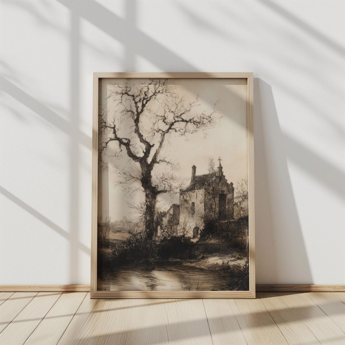 Gothic Abbey Ruins Vintage Black White Engraving Haunted Manor Poster