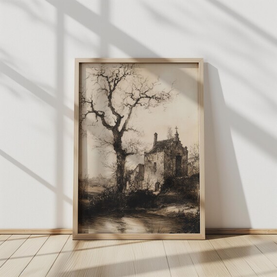 Gothic Abbey Ruins Vintage Black White Engraving Haunted Manor Poster